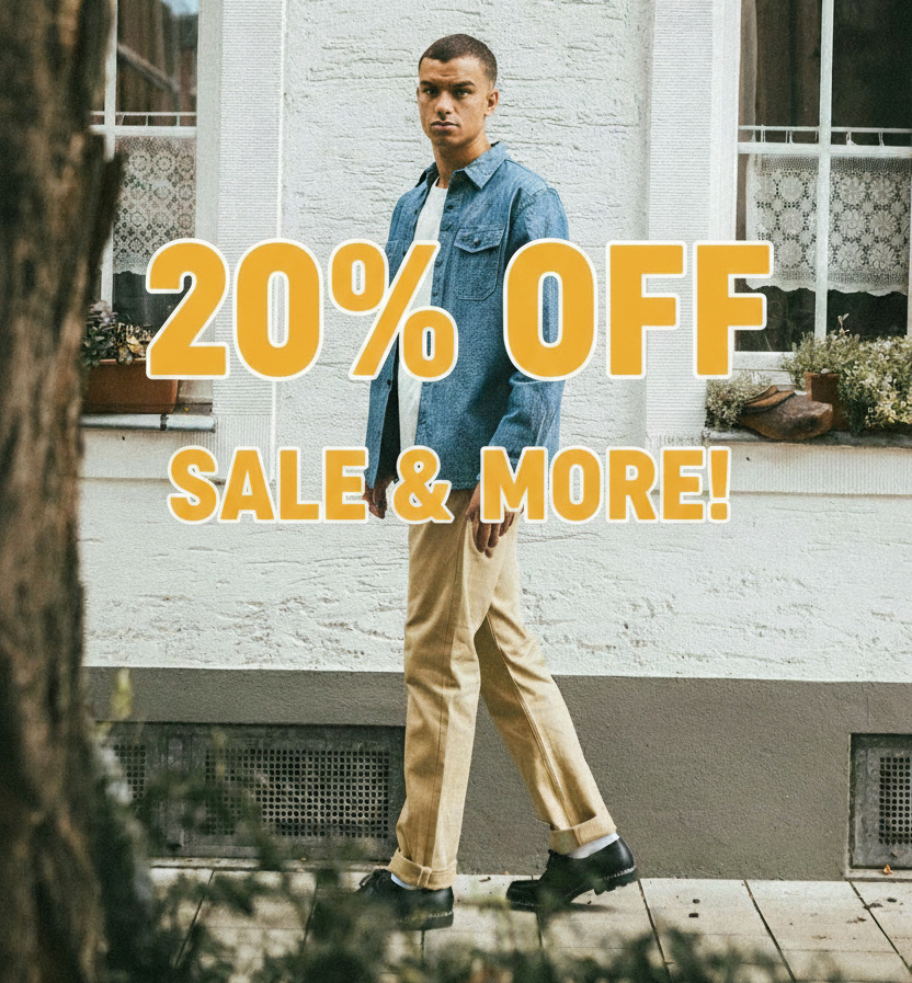 Man in denim shirt and tan pants walks past a building with a "20% OFF SALE & MORE!" graphic.