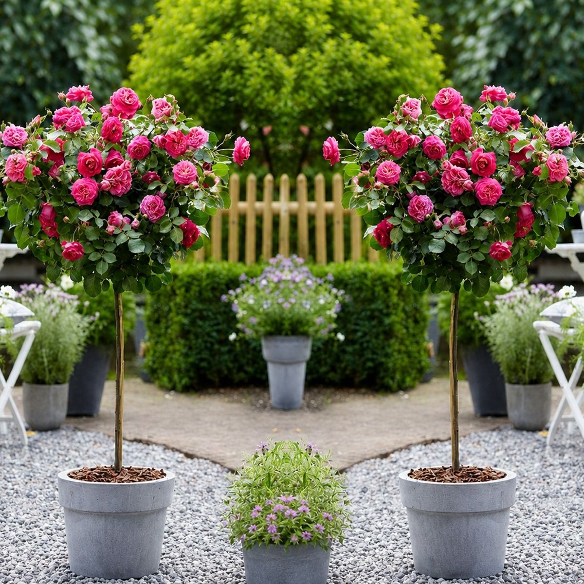 Pair of Patio Standard  Pink Rose Trees - Circa 100cm tall - In Bud & Bloom