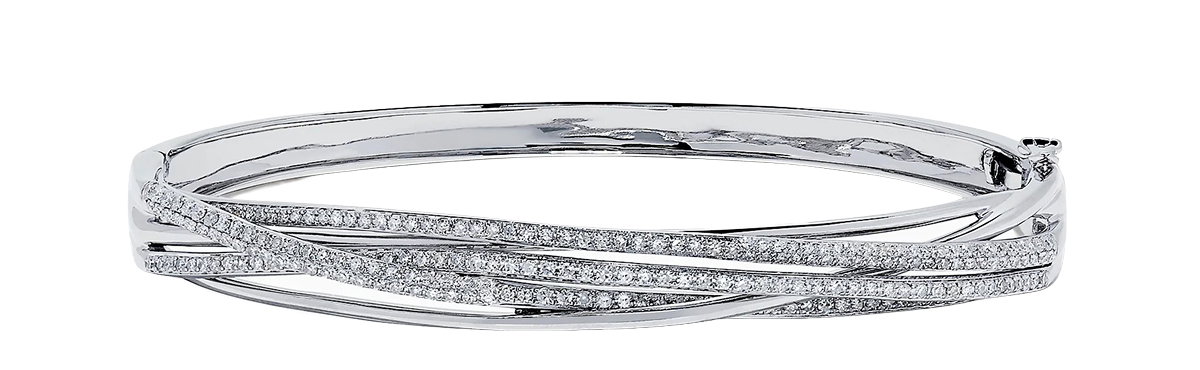 14K White Gold Diamond Cross Over Bangle, 1.05 TCW