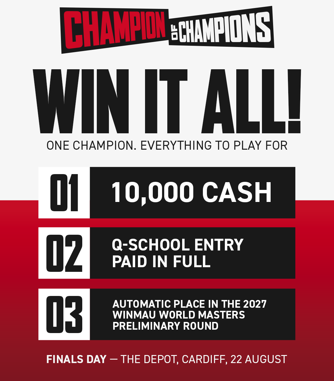 Champion of Champions — Win It All. 1. £10,000 cash. 2. Q-School entry paid in full. 3. Automatic place in the 2027 Winmau World Masters preliminary round. Finals Day — The Depot, Cardiff, 22 August.