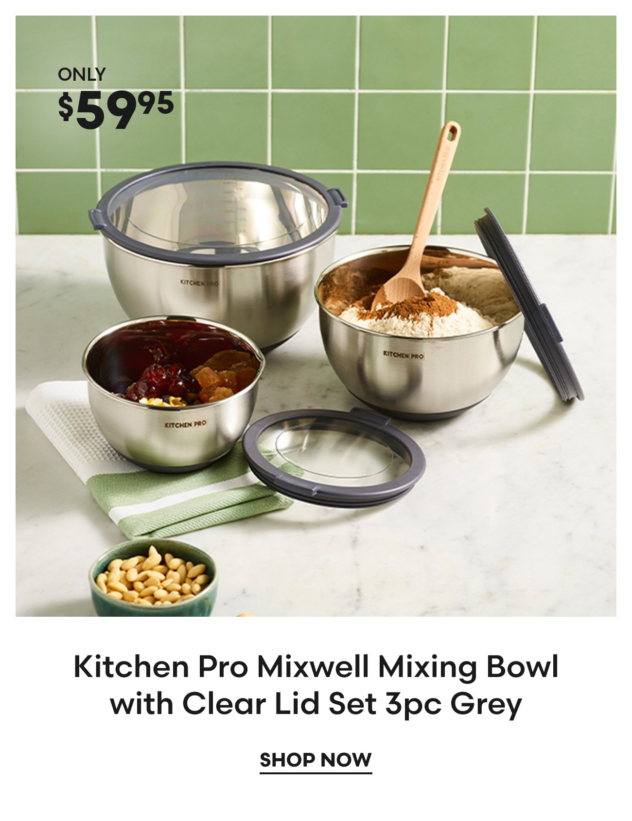 Kitchen Pro Mixwell Mixing Bowl with Clear Lid Set 3pc Grey