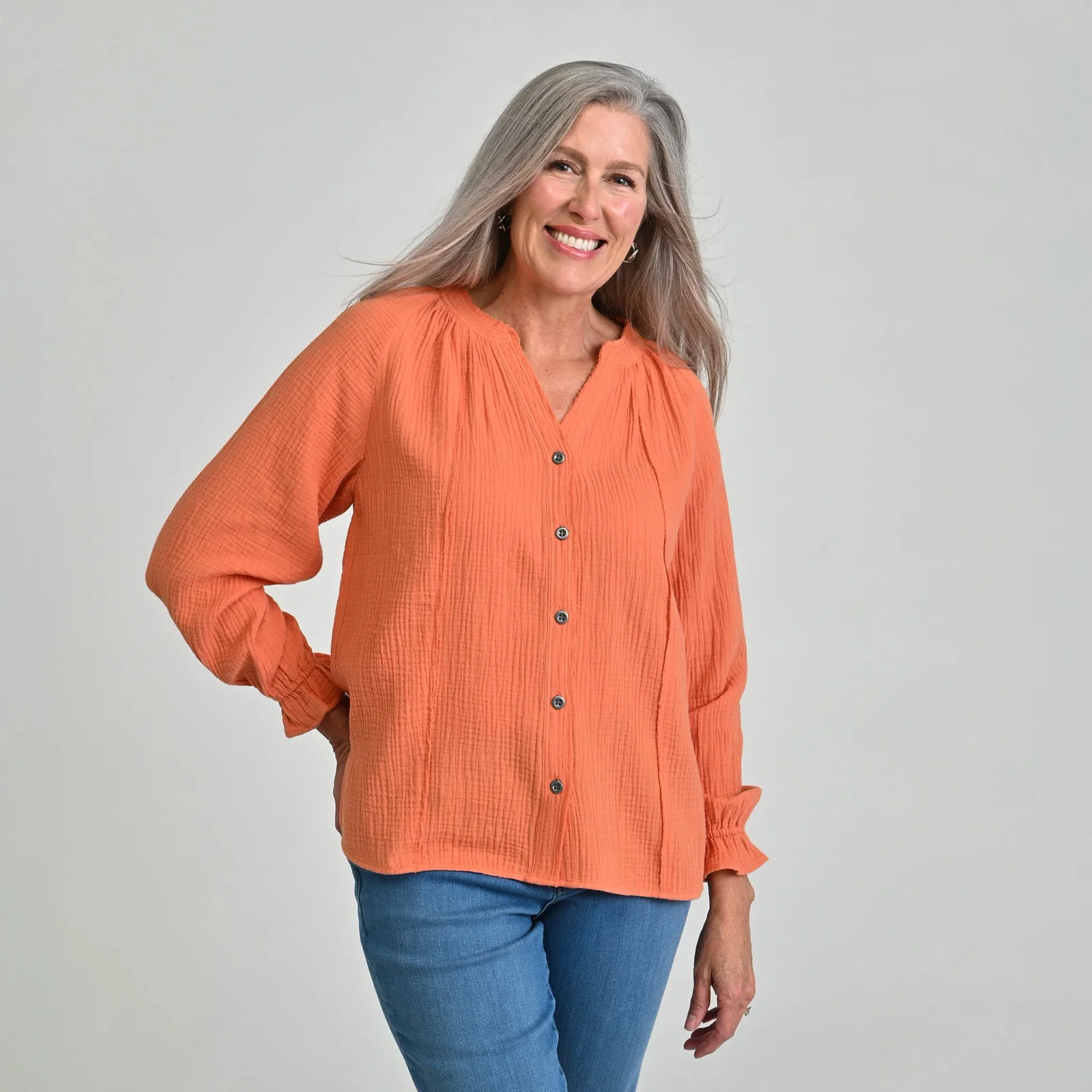 Image of Christopher & Banks Raw Edge Y Neck Button Front Shirt