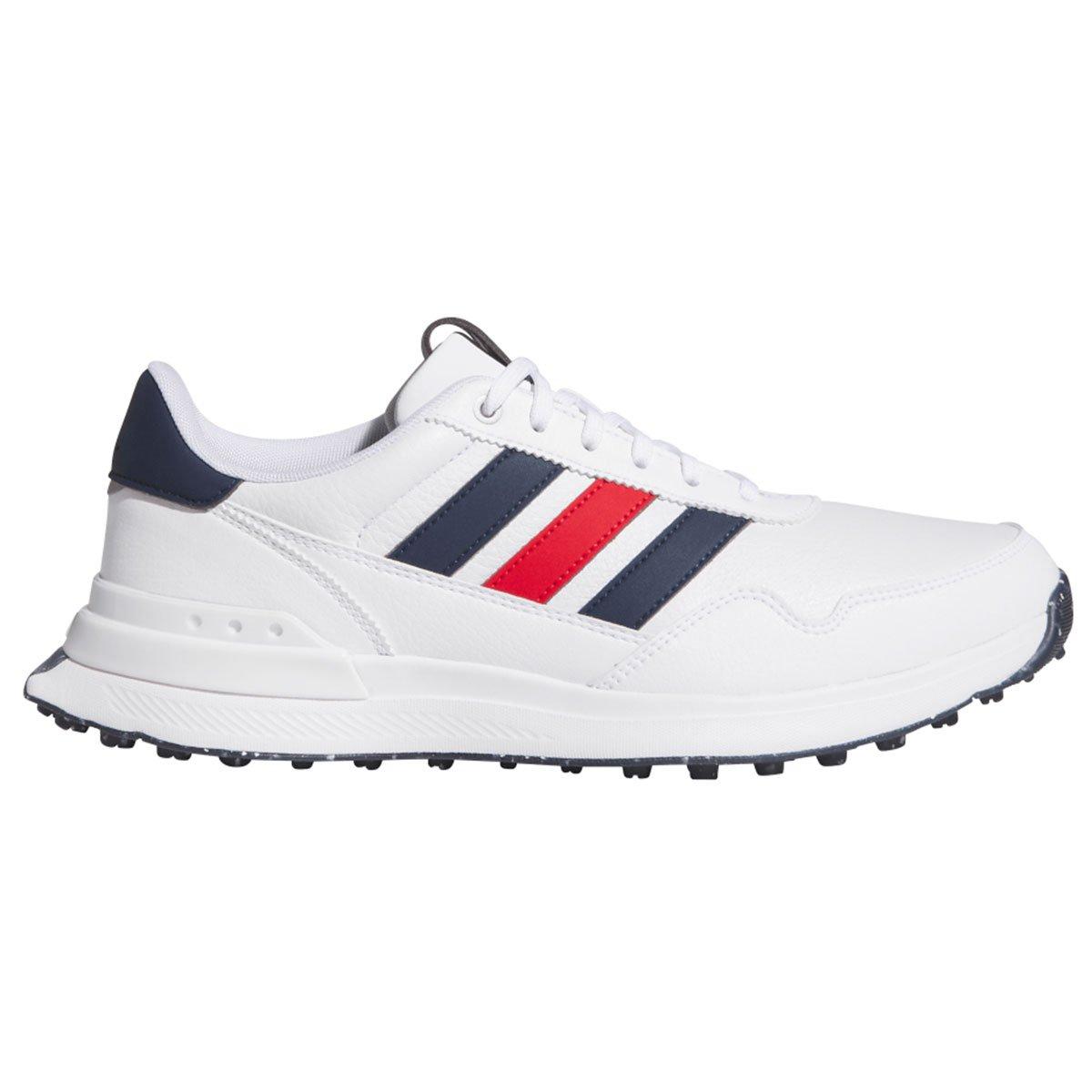 side view of men's shoe in white/red/blue
