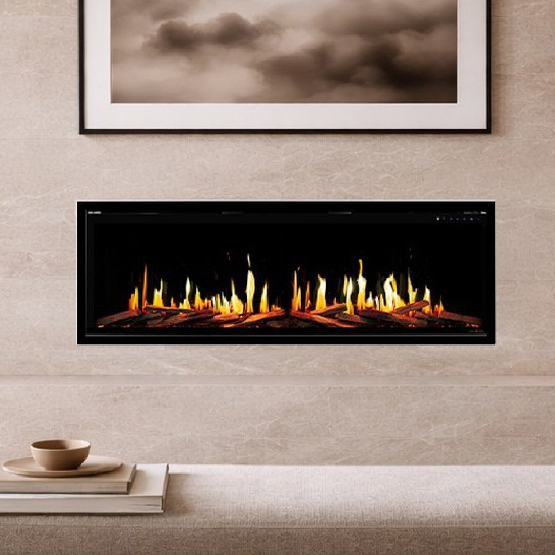 Modern fireplace under abstract cloud artwork.