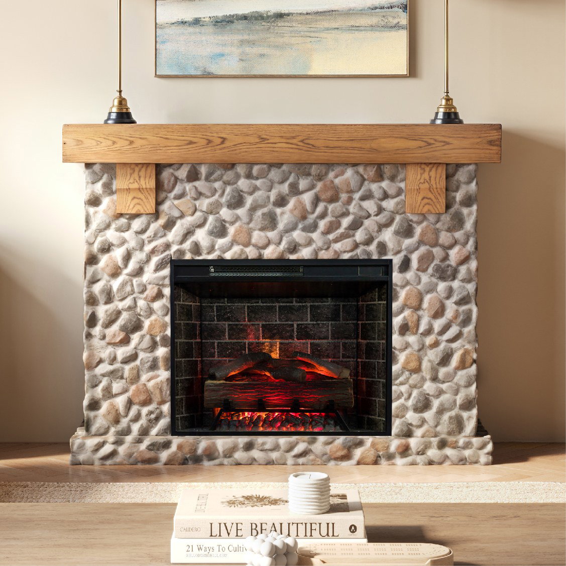 Stone fireplace with wooden mantel and glowing logs.
