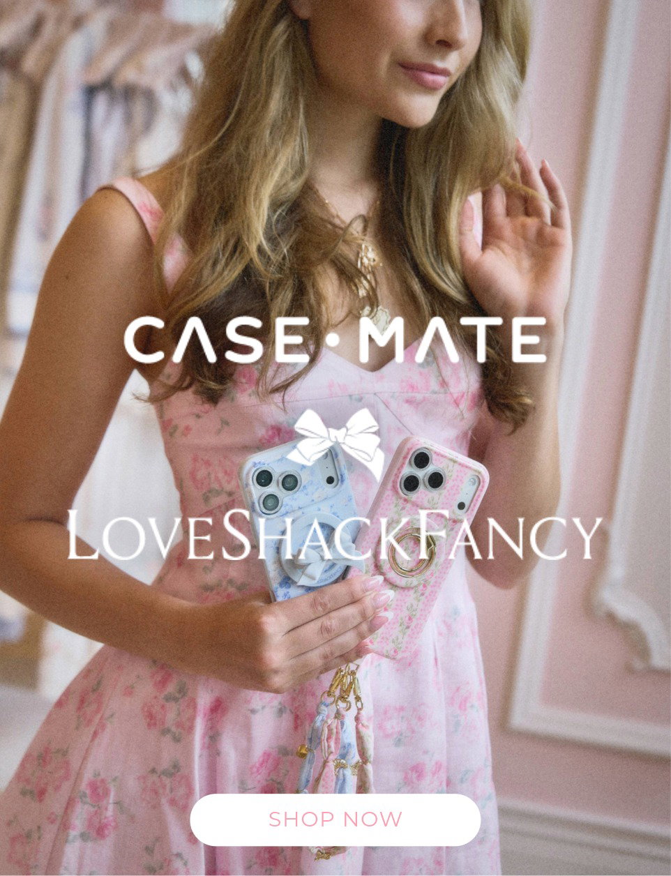 A girl holding up two Case-Mate x LoveShackFancy phone cases and accessories.