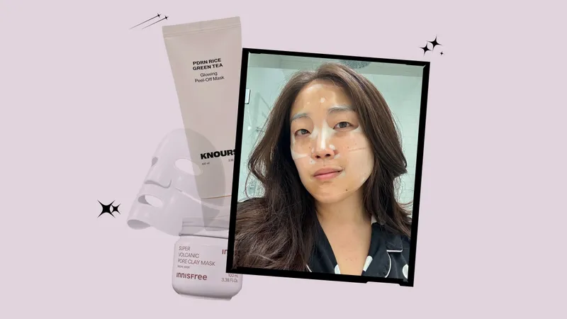 A collage of an Allure editor wearing a face mask alongside product silos of other Korean face masks