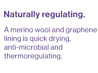 A merino wool and graphene lining is quick drying, anti-microbial and thermoregulating.