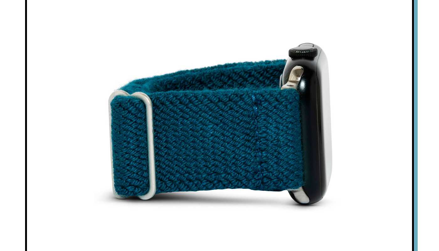 Apple Watch with a blue-green band.