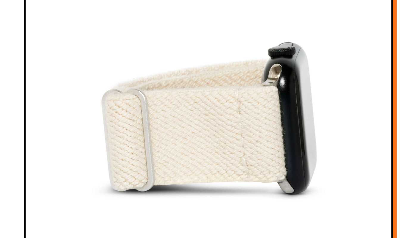 Apple Watch with an off-white band.