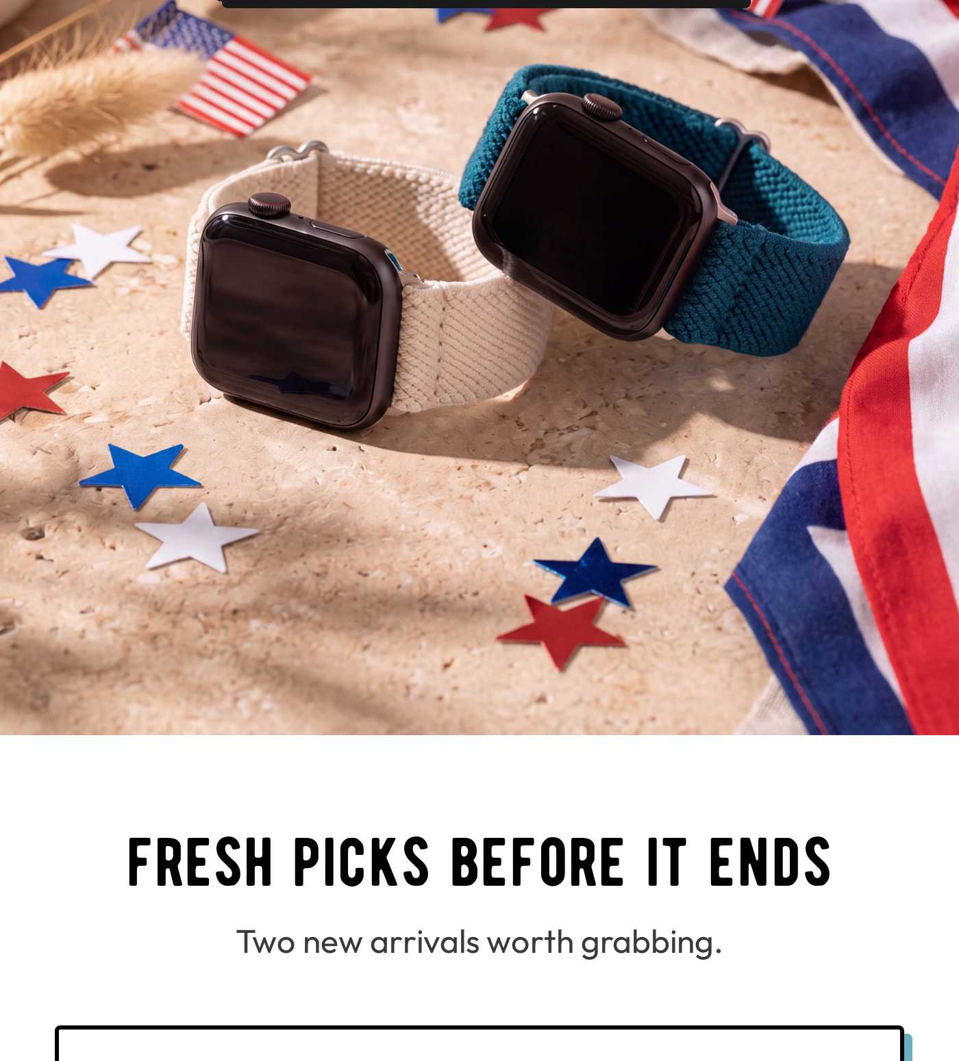 Two Apple Watches with bands, stars, and flag decor. Fresh picks before it ends. Two new arrivals worth grabbing.