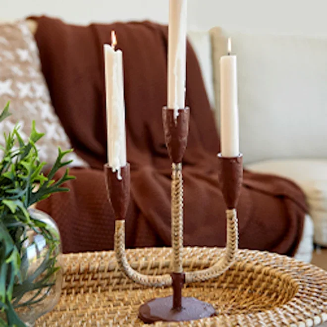 Thread Office Brown Aluminium & Rattan Multi Dinner Candle Holder