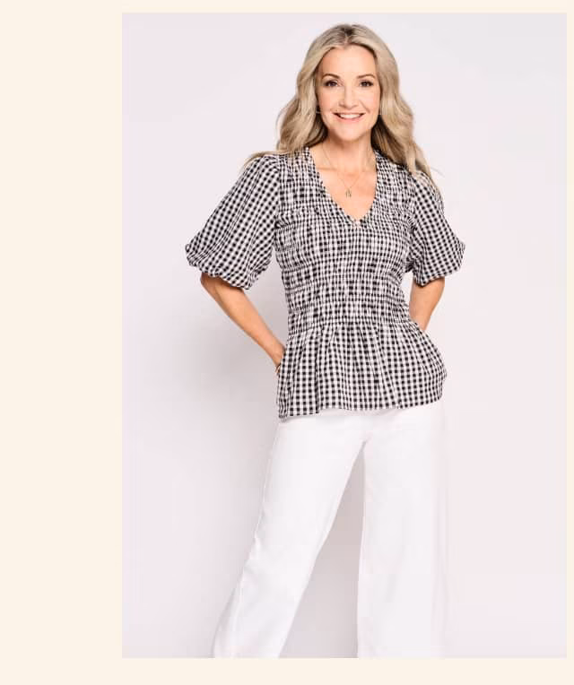 Shirred Gingham V Neck Peplum Blouse