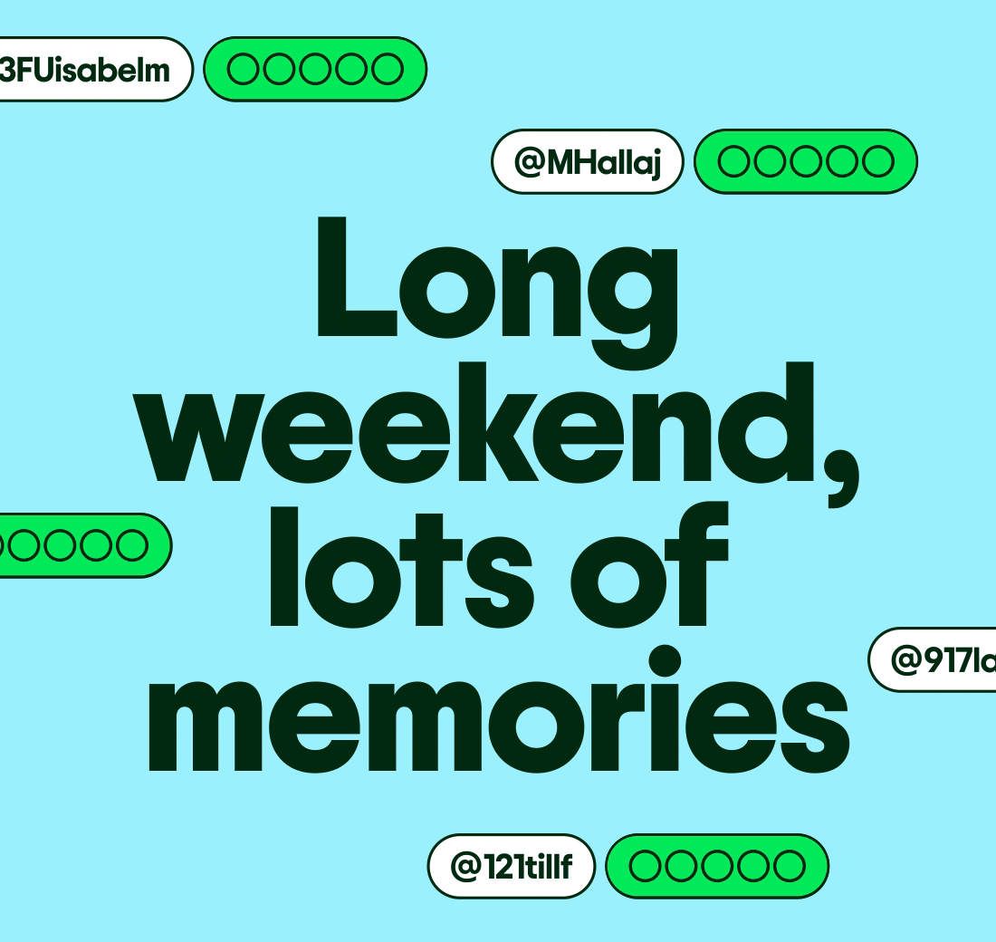 Long weekend, lots of memories. Image Description: Review bubbles and usernames floating around the headline “Long weekend, lots of memories.”
