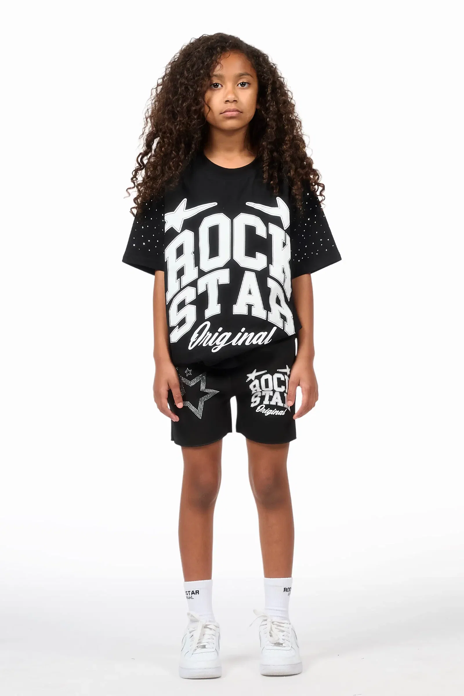 Image of Girls Flaveya Black/Wite Rhinestone T-Shirt Short Set