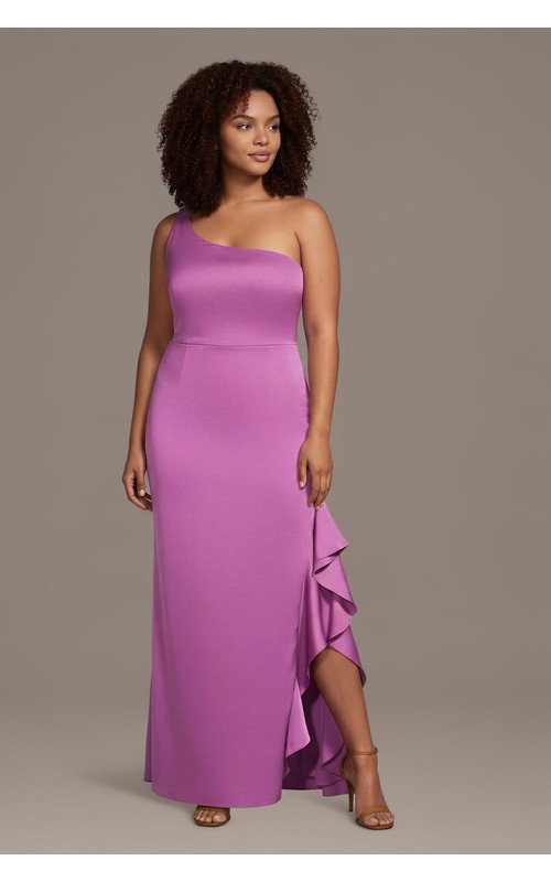 Matte Satin One-Shoulder Sheath with Ruffle