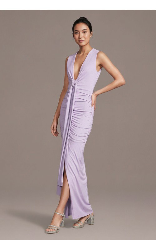 Jersey Plunge Neckline Gathered Sheath Dress