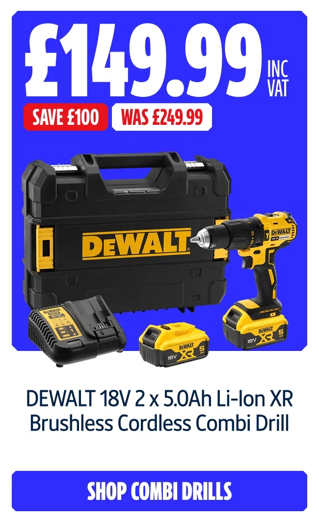 Save £100 inc VAT DEWALT 18V 2 x 5.0Ah Li-Ion XR Brushless Cordless Combi Drill. Now £149.99 inc VAT was £249.99. Shop combi drills