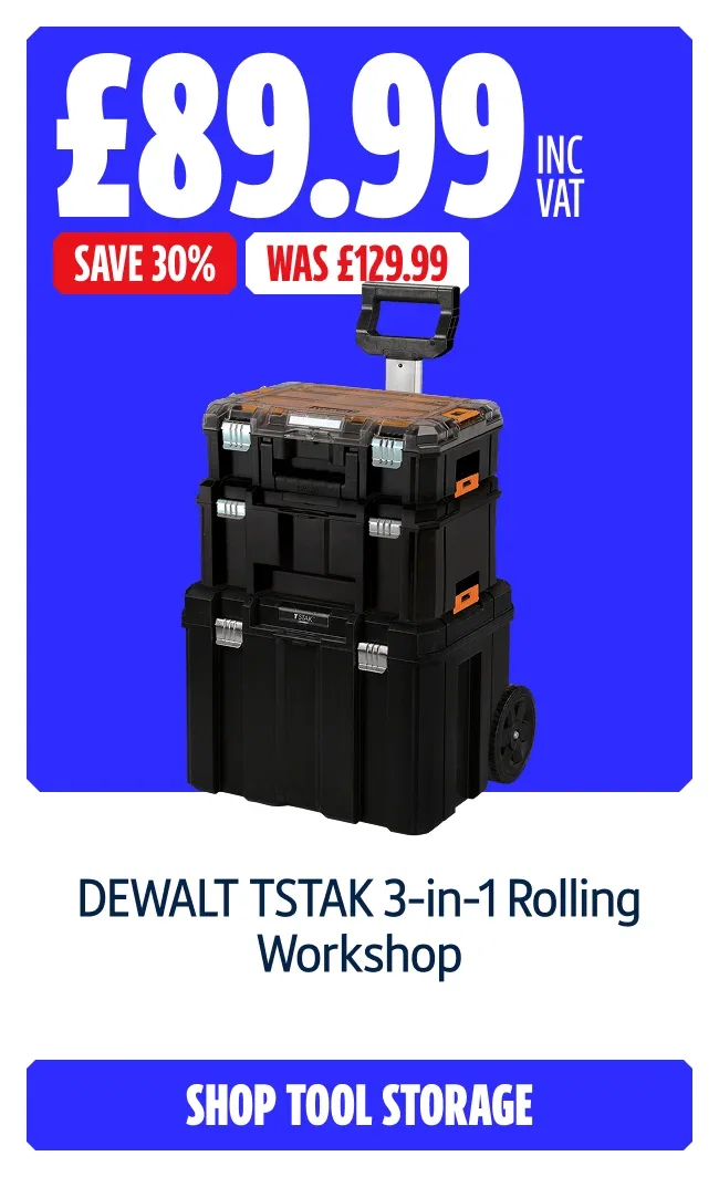Save 30% DEWALT TSTAK 3-in-1 Rolling Workshop. Now £89.99 inc VAT was £129.99. Shop tool storage