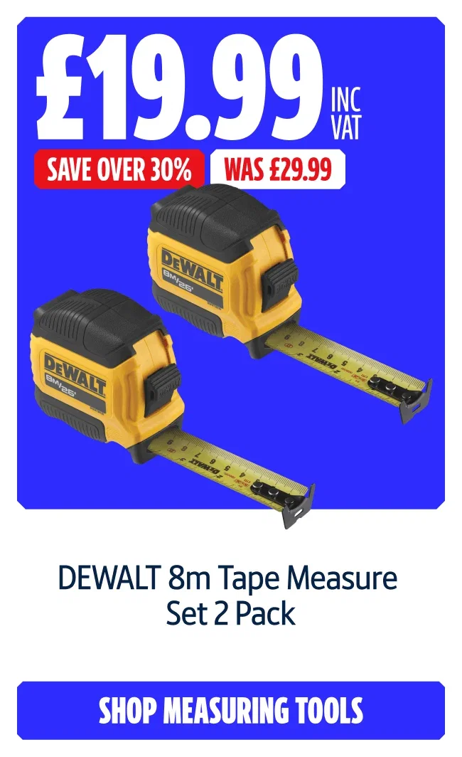 Save over 30% DEWALT 8m Tape Measure Set 2 Pack. Now £19.99 inc VAT was £29.99. Shop measuring tools