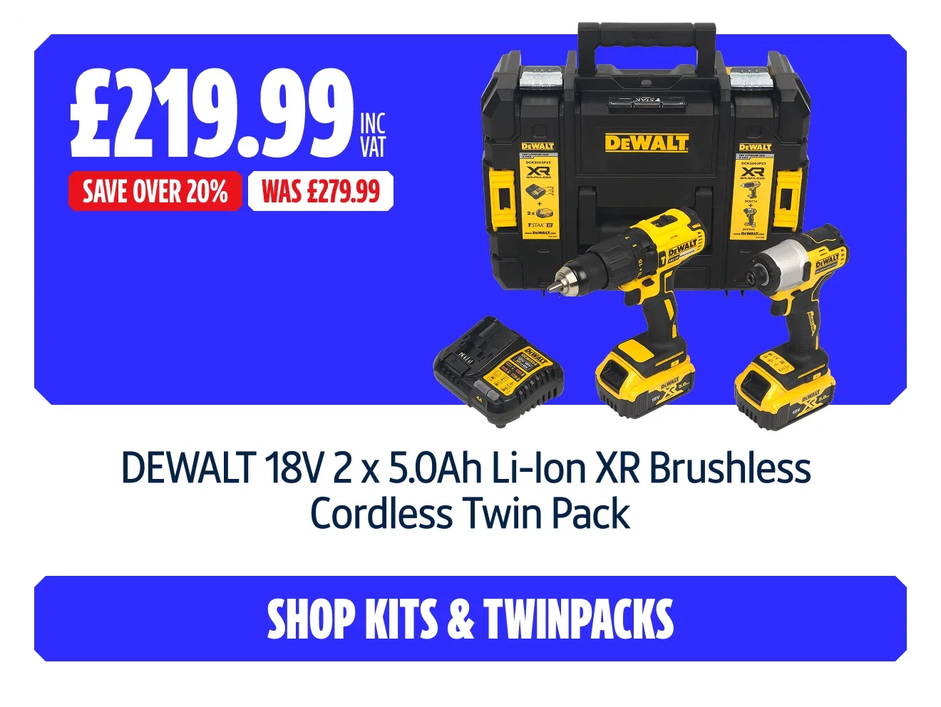 Save over 20% DEWALT 18V 2 x 5.0Ah Li-Ion XR Brushless Cordless Twin Pack. Now £219.99 inc VAT was £279.99. Shop kits & twinpacks