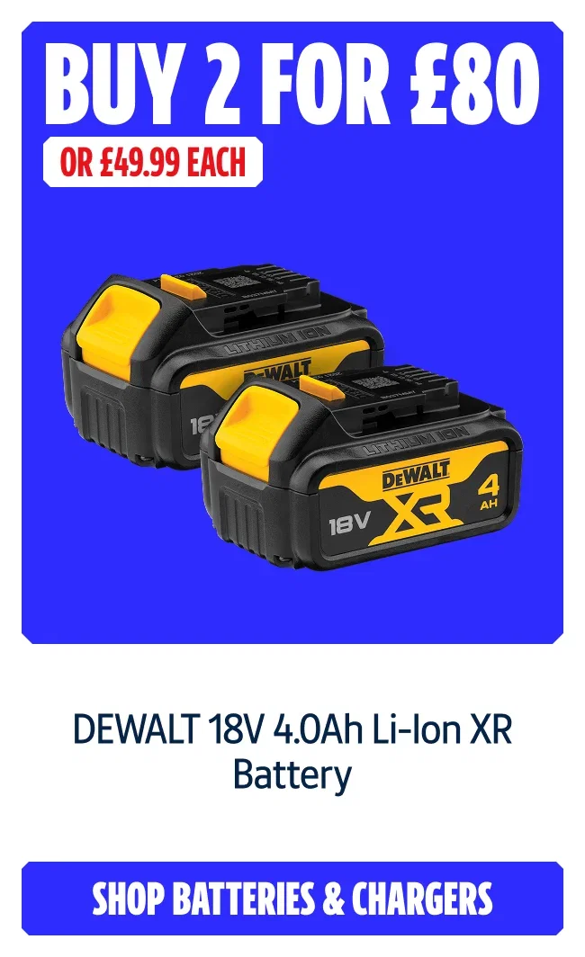 Buy 2 for £80 DEWALT 18V 4.0Ah Li-Ion XR Battery. Or £49.99 inc VAT each. Shop batteries and chargers