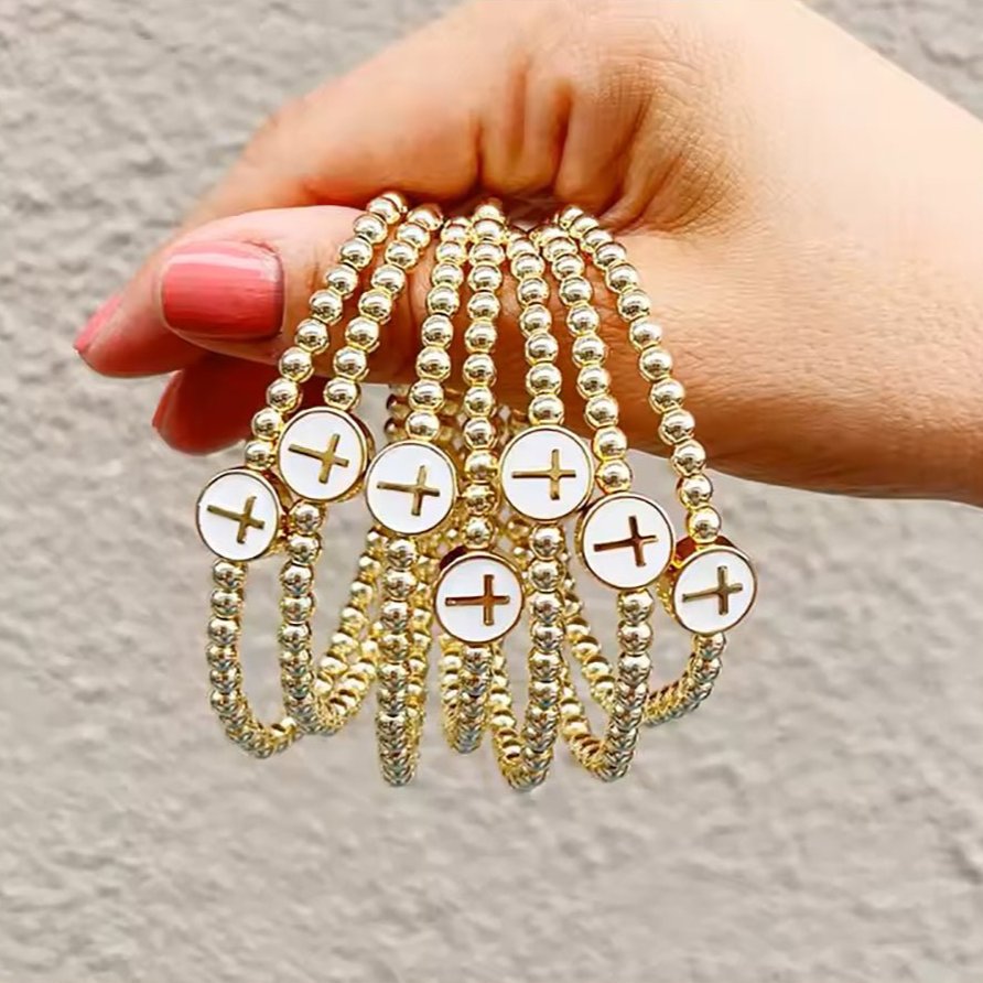 Gold Plated White Enamel Cross & Bead Bracelet