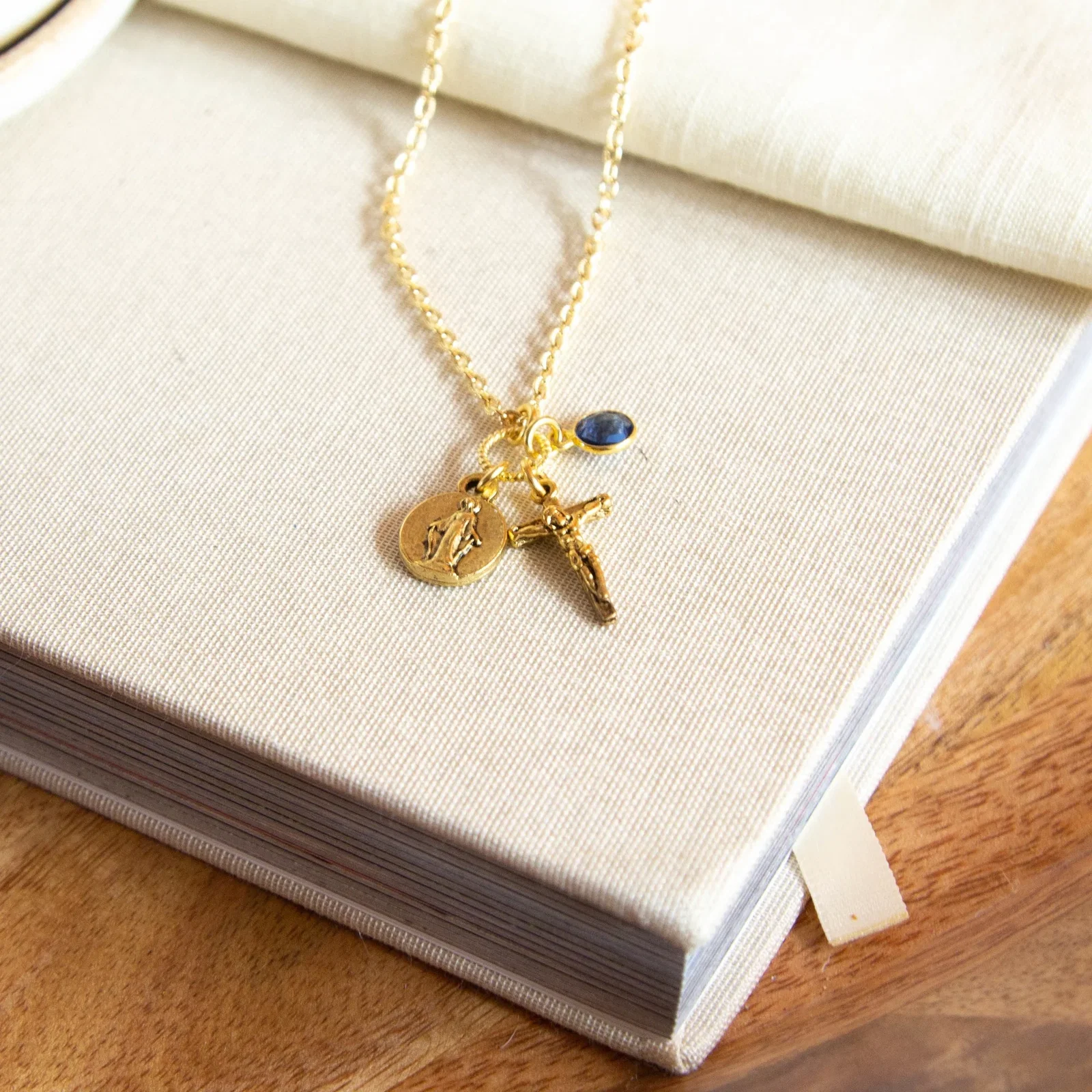Petite Crucifix with Marian Medallion and Blue Bobble