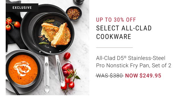 Up to 30% off - Select All-Clad Cookware - All-Clad D5® Stainless-Steel Pro Nonstick Fry Pan, Set of 2 - WAS $380 - NOW $249.95