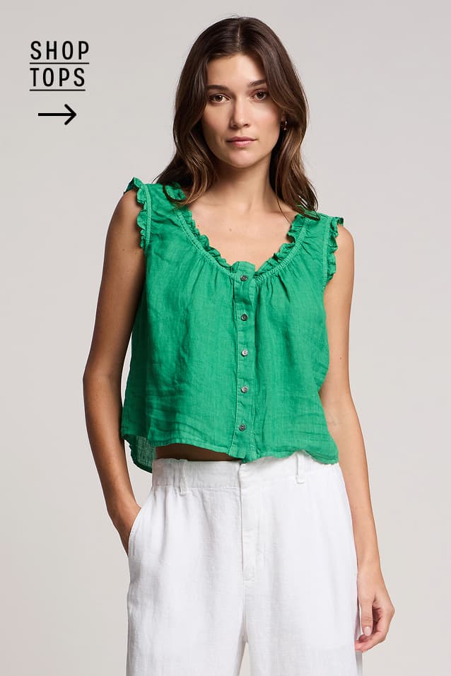 Image shows a model wearing the Tana Top in Shamrock. Text Reads : Shop Mens