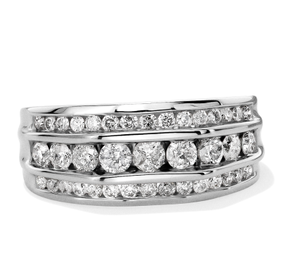 Silver ring with three layers or bands, all studded with diamonds. 