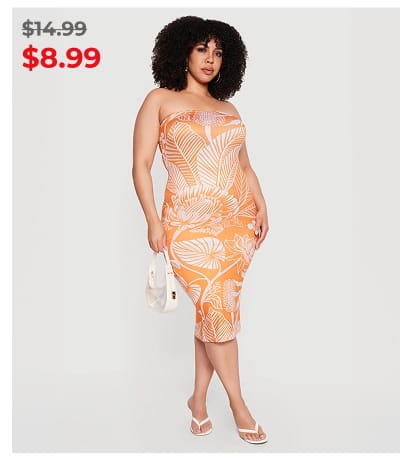 Shop Plus Size Floral Print Tube Midi Dress