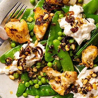 Three-Pea Salad with Burrata and Spicy Pine Nut Crisp