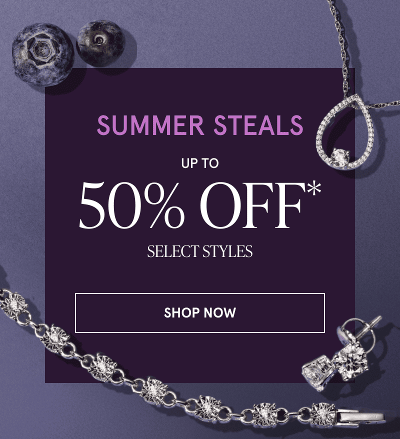 Diamond jewelry next to two blueberries. Summer steals. Up to 50% off select styles. Click here to shop now