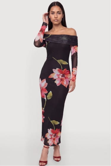 Shop Floral Mesh Off The Shoulder Maxi Dress