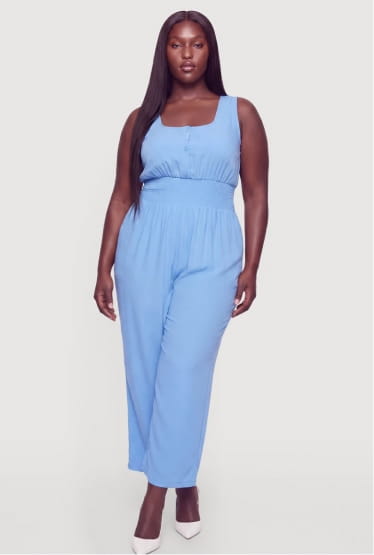 Shop Plus Size Half Button Smocked Waist Jumpsuit