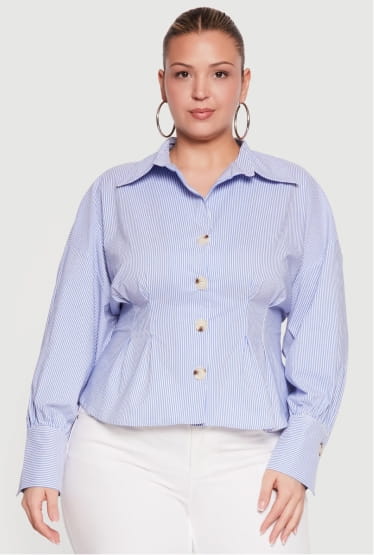 Shop Plus Size Pinstripe Drop Shoulder Pleated Blouse
