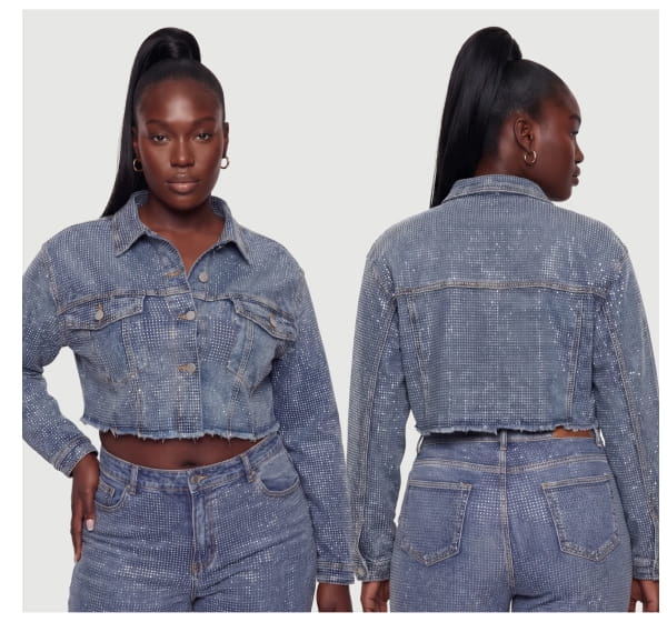 Shop Plus Size Rhinestone Cropped Denim Jacket