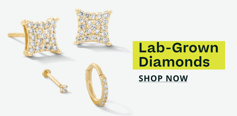Square-shaped pavé studs, solitaire flat back & diamond huggie. Lab-grown diamonds. Click here to shop now