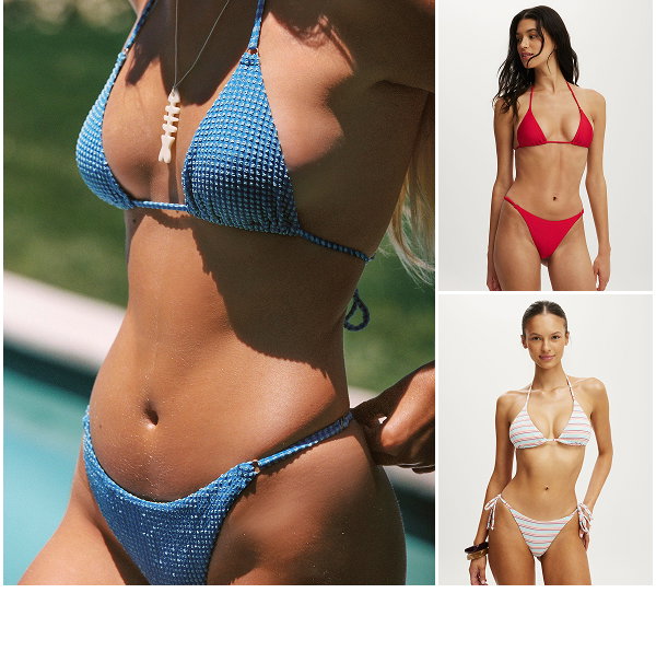 Three women modeling different bikini styles in blue, red, and white colors