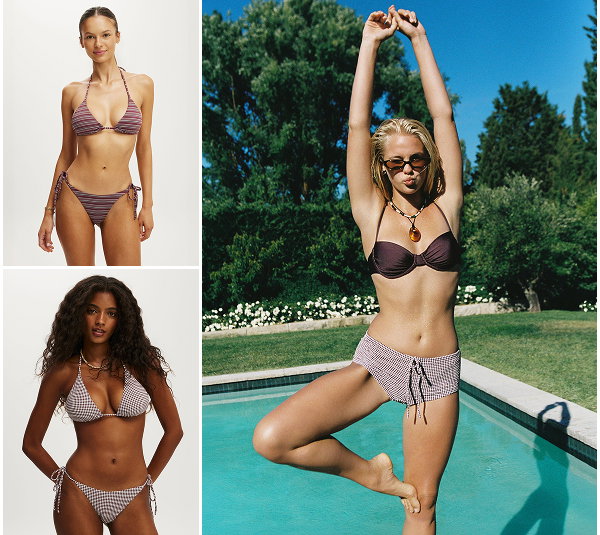 Three women modeling various bikini styles in studio and poolside settings
