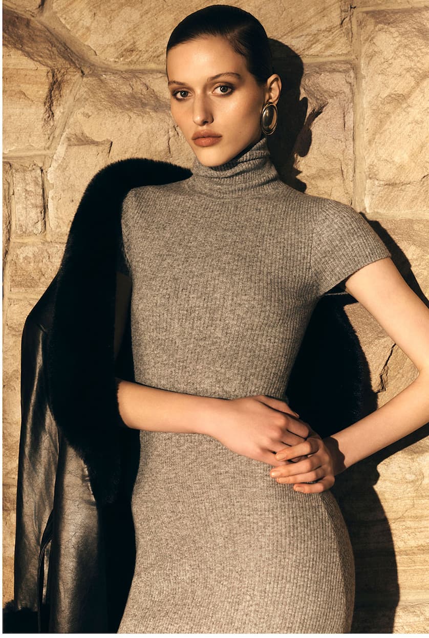 Goldie High Neck Knit Midi Dress - Grey Marle