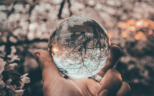 A hand holding a reflective sphere that captures an upside-down view of trees and a sunset.