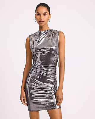 Metallic Mock Neck Sleeveless Mini Sheath Dress