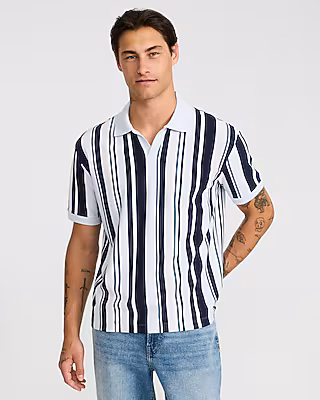 Classic Fit Luxe Pique Striped Johnny Collar Polo