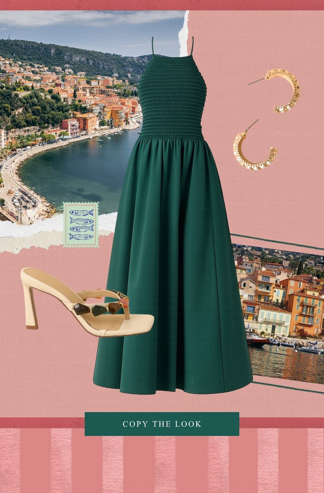 Cutout collage of a  Green Cotton Strappy Knit Bodice Midi Dress. Copy the Look.