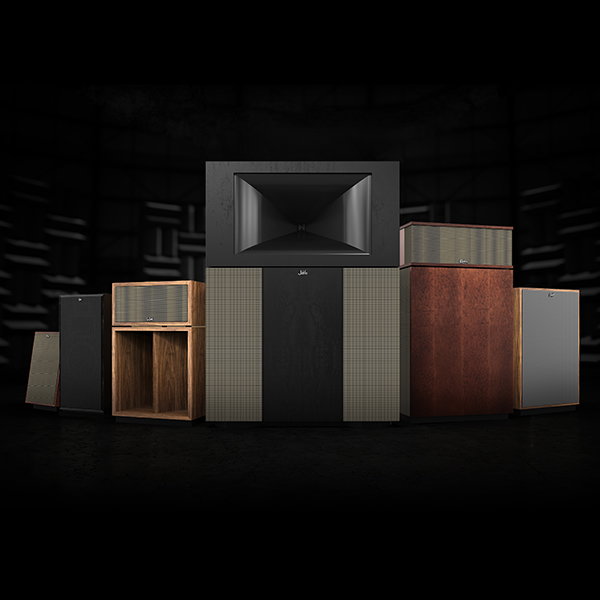 Six Klipsch Heritage speaker lined up on a dark background