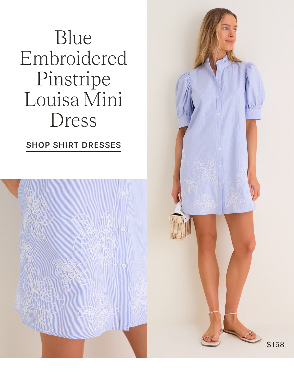Blue Embroidered Pinstripe Louisa Mini Dress
