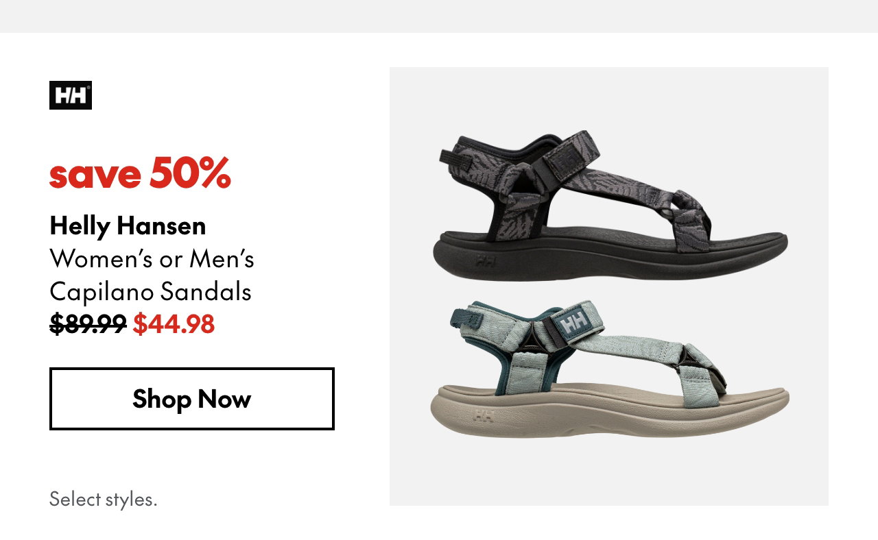 Helly Hansen Women's or Men's Capilano Sandals
save 50%
89.99 (Strikethrough)
44.98
Select styles.