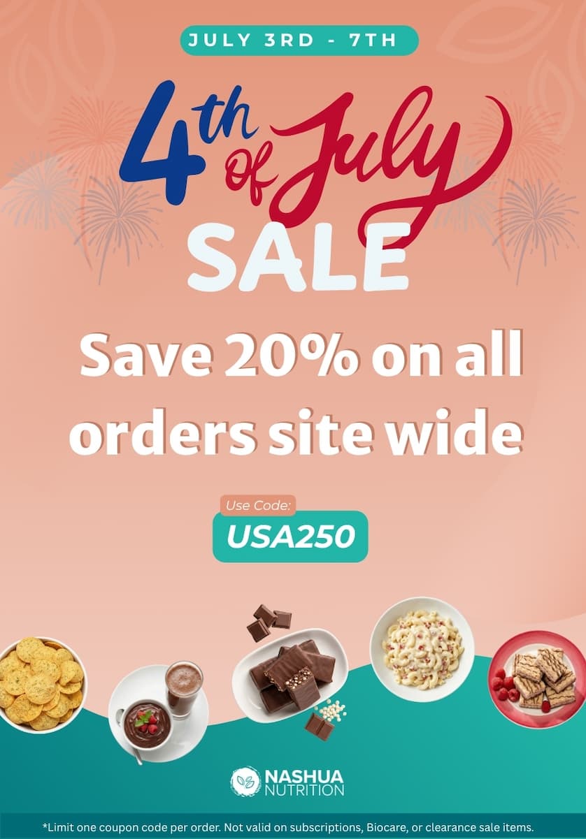 Nashua Nutrition Fourth of July sale banner. Text reads: July 3rd to 7th, 4th of July Sale, save 20 percent on all orders site wide, use code USA250. Bowls of protein chips, chocolate pudding, chocolate protein bars, macaroni and cheese, and wafer bars sit along the bottom against a peach background with fireworks.